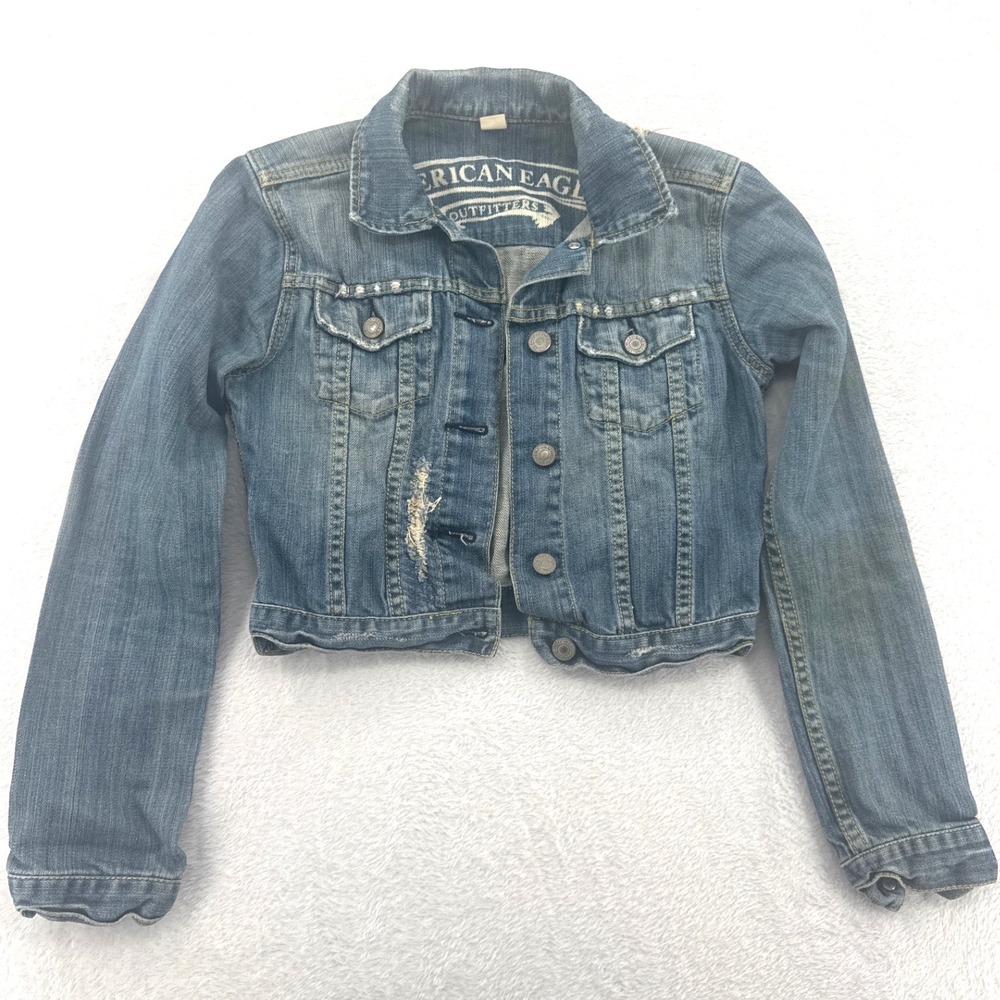 American Eagle Women Denim Jacket XS Blue Cropped Distressed Trucker Jean Jacket